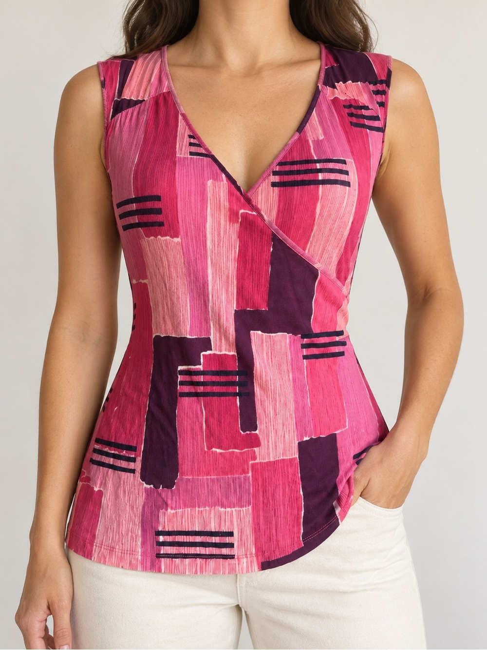 New York & Company Pink Abstract Surplice Top M